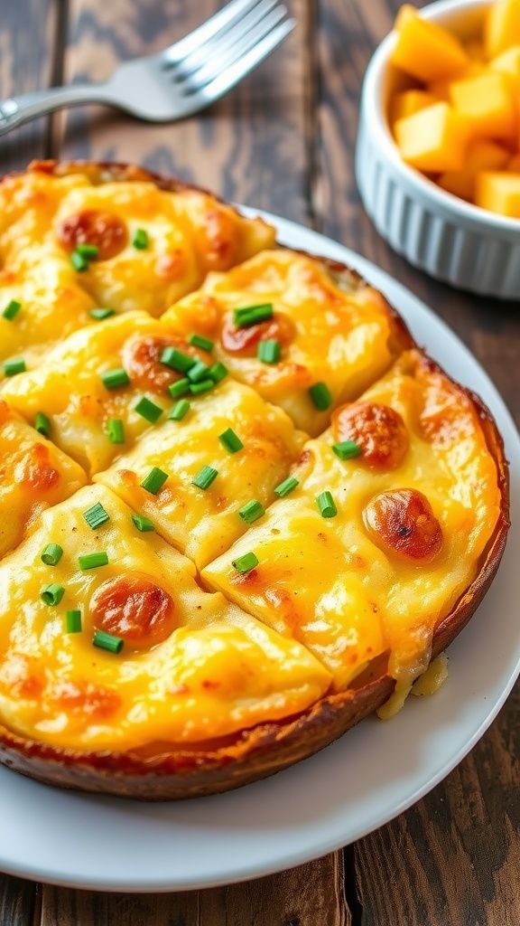 A baked potato and egg casserole, sliced, with layers of cheese and green chives on a rustic table.